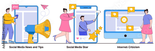 Social media news and tips, social media star, internet criticism concept with tiny people. Set of digital content, influencer, personal blog, hate speech, comments and share, fake profile