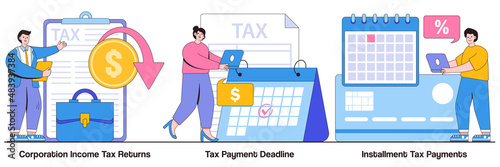 Corporation income tax returns, tax payment deadline, instalment tax payments concept with tiny people. Tax payment conditions abstract vector illustration set. Deductible revenue metaphor