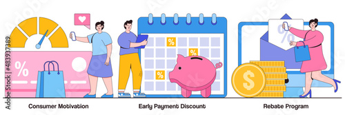 Consumer motivation, early payment discount, rebate program concept with tiny people. Sale growth strategy abstract vector illustration set. Customer loyalty, sales invoice, discount coupon metaphor
