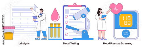 Urinalysis, blood testing, blood pressure screening concept with tiny people. Clinical laboratory analysis abstract vector illustration set. Health examination, biological markers metaphor