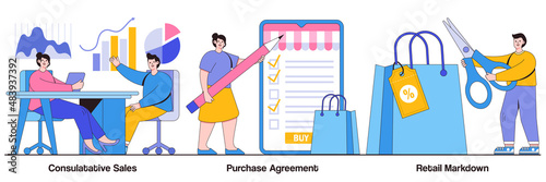 Consultative sales, purchase agreement, retail markdown concept with tiny people. Marketing and promotion vector illustration set. Terms and conditions, product price, b2b selling, discount metaphor