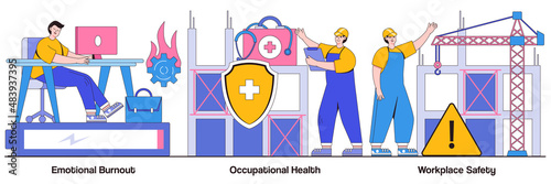 Emotional burnout, occupational health, workplace safety concept with tiny people. Employee health vector illustration set. Overload, injury prevention, labor condition, working environment metaphor