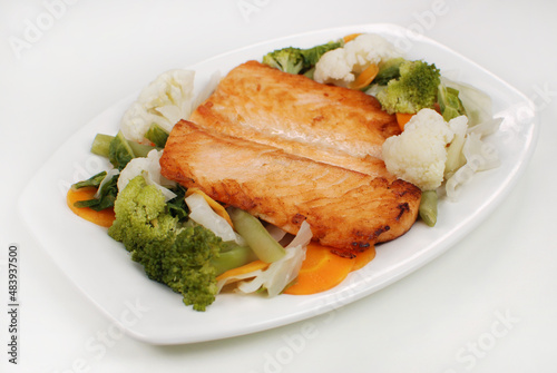 Salmon fish Teppanyaki in white background
