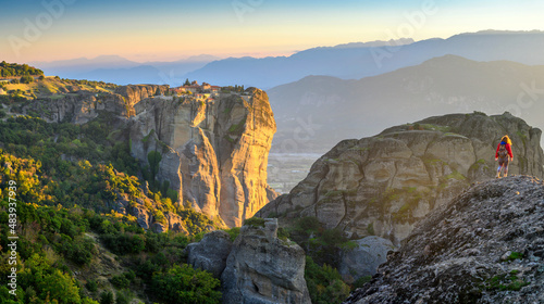 Majestic view of famous Eastern Orthodox monasteries at sunset, place listed as a World Heritage site, Greece, Europe. landscape place of monasteries on the rock.