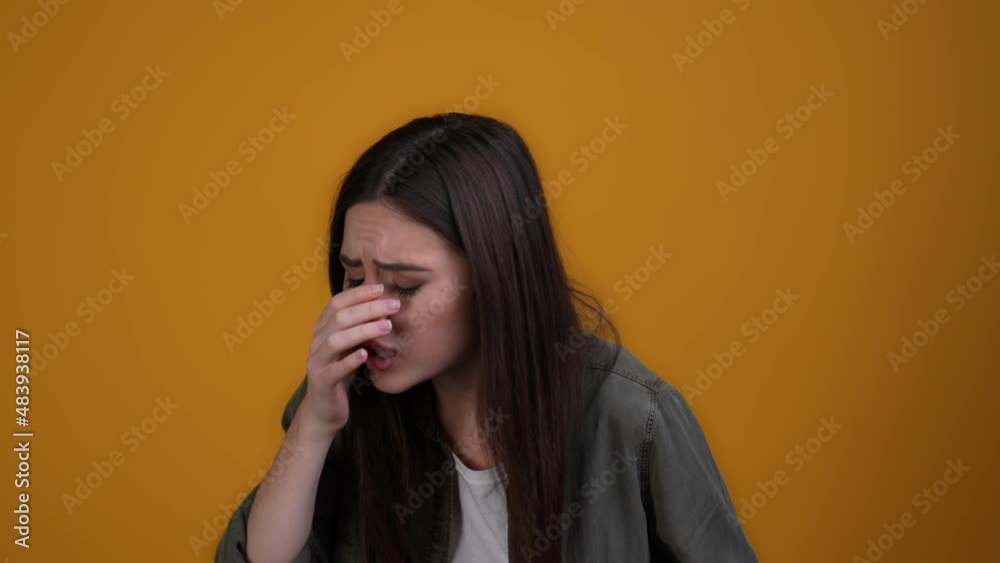 Lady have neck pain influenza cough isolated vivid color background Lady have neck pain influenza cough isolated vivid color background