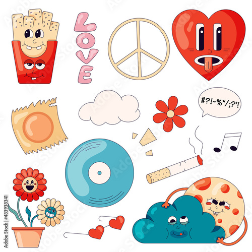 A set of hippie-themed stickers with French fries, flowers, a pacific symbol and other elements of the 70s in a cartoon style