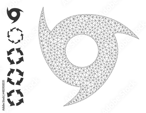 Vector hurricane mesh icon model. Abstract flat mesh hurricane, built from flat mesh. Mesh wireframe hurricane icon image in low poly style with structured lines and other objects.
