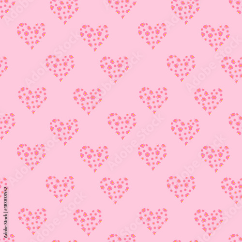 Red hearts with flowers pattern on pink and red background. Vector grafic.