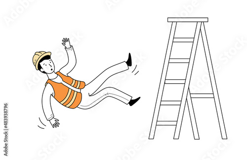 Injured worker fall accident on ladder. Line drawn doodle style character. Man with builder uniform and helmet. Industry work risk and health safety concept. Vector illustration.