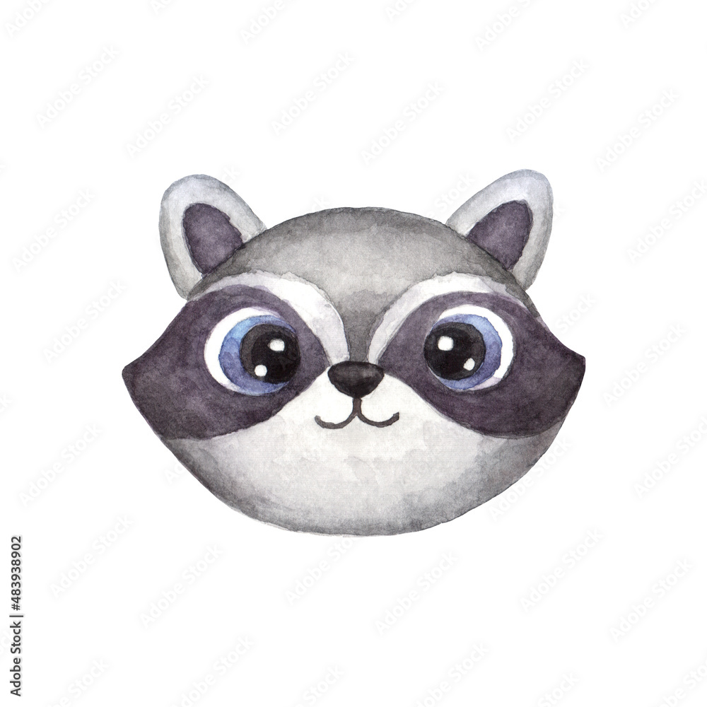 Face or head of cute raccoon. Muzzle of funny animal isolated on white background. Watercolor illustration in cartoon style for children