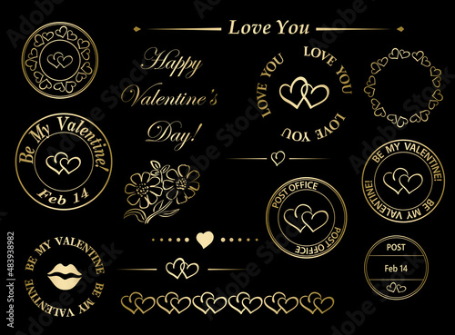decorative set of golden romantic postal stamps with hearts and dividers for valentine day - vector design elements