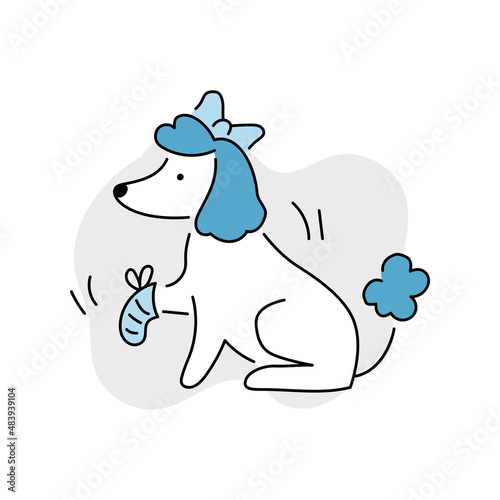 Sick dog line doodle icon for veterinary clinic. Dog, pet injured bandage vector illustration.