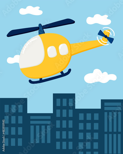 Helicopter flies over the city. Vector illustration