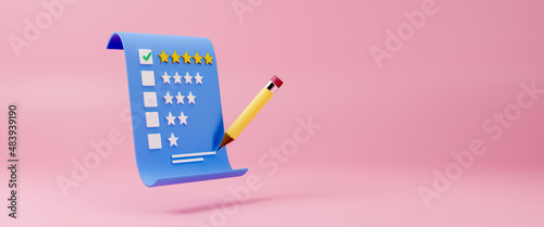 Feedback from customers or opinion form, giving five star feedback, clients choosing satisfaction rating and leaving positive review. customer service and user experience concept, 3d rendering. photo