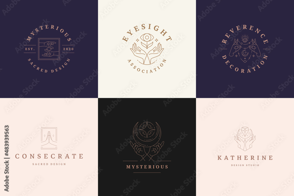 Magic logos emblems design templates set with mystic eye and female hands vector illustrations minimal linear style Magic logos emblems design templates set with mystic eye and female hands vector illustrations minimal linear style
