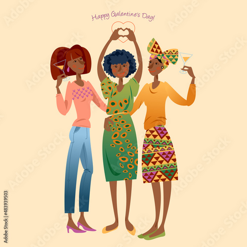 Three young african girlfriends are drinking wine.
