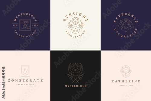 Magic logos emblems design templates set with mystic eye and female hands vector illustrations minimal linear style