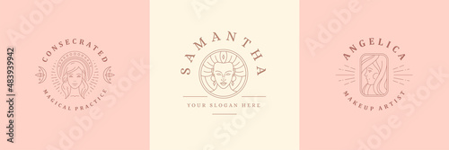 Feminine logos emblems design templates set with magic female portraits vector illustrations minimal linear style.