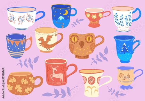 Doodle ceramic mug. Cartoon scandinavian cup collection, flat mugs for drinking tea or coffee, kitchen tableware with flowers, breakfast food trendy cups, neat vector illustration