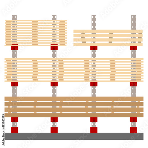 Metal shelving for a warehouse with lumber. Flat design, front view. Vector illustration.