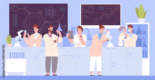 Science workers in research lab. Cartoon scientist in laboratory room chemical medical scientific equipment, development pharmaceutical biotechnology, splendid vector illustration