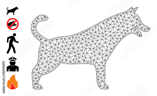 Vector dog mesh icon model. Abstract flat mesh dog, created from flat mesh. Mesh carcass dog icon image in lowpoly style with combined linear items and other objects.