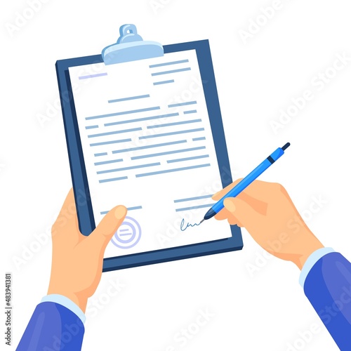 Lawyer signing certification. Contract signature, hand with pen sign paper document, symbol job certificate or legal agreement, cartoon vector illustration