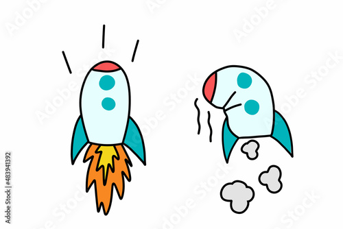 Sexual disorder. Flying and falling rocket. Soft penis, sluggish erection, premature ejaculation. Burnout. Mental health. Stock vector illustration.