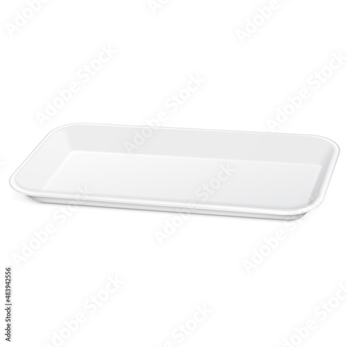 Empty Blank Styrofoam Plastic Food Tray Container, Plate, Dish. 3D. Illustration Isolated On White Background. Mock Up Template Ready For Your Design. Vector EPS10