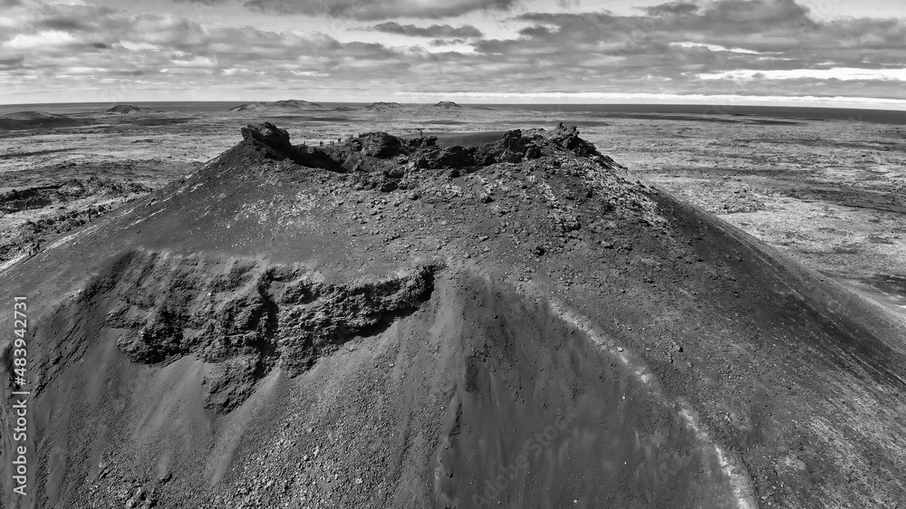 Saxholl Crater is a famous volcano in Iceland. Aerial view in summer season from drone. Saxholl Crater is a famous volcano in Iceland. Aerial view in summer season from drone.