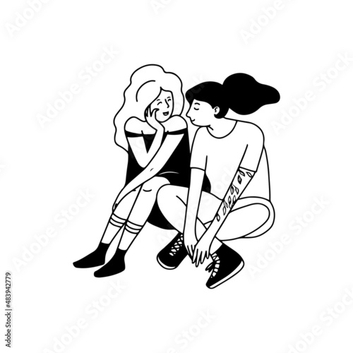 Girl couple with tattoos sitting close to each other , lgbtq pride, doodle line style vector illustration