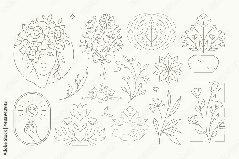 Monochrome simple logo esoteric botanical feminine collection linear emblem for decorative design