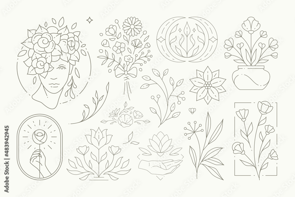 Monochrome simple logo esoteric botanical feminine collection linear emblem for decorative design Monochrome simple logo esoteric botanical feminine collection linear emblem for decorative design