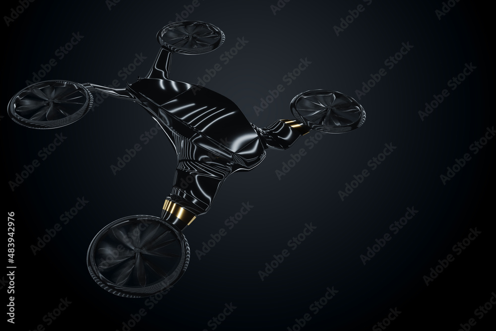 Flying car black and gold style on a dark background. Future, premium cars, luxury style, VIP, auto industry. 3D illustration, 3D render.