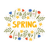 Hand drawn spring lettering text with flowers. Lettering spring season for greeting card, invitation template, poster and banner