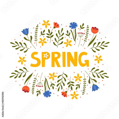 Hand drawn spring lettering text with flowers. Lettering spring season for greeting card  invitation template  poster and banner