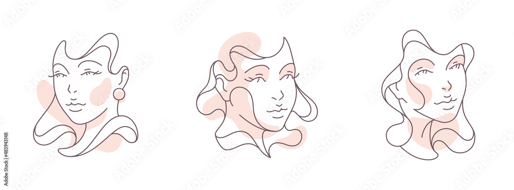 Modern artwork abstract female avatar pastel spot continuous line icon set vector illustration