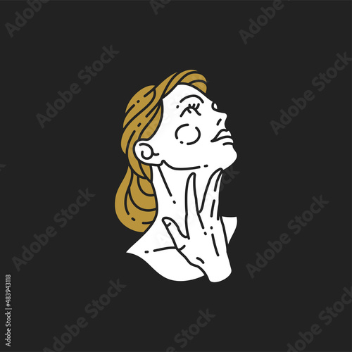 Linear minimalist logo woman head with blonde hair stroking neck enjoy skincare outline vector