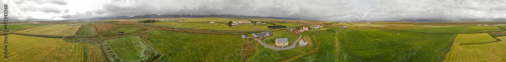 Aerial view of Glaumbaer, Iceland. Glaumbaer, in the Skagafjordur district in North Iceland, is a museum featuring a renovated turf farm and timber buildings.