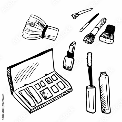 Vector illustration of a cute girlish makeup items icons set in hand drawn doodle style. Face and hands cream, hair spray, lipstick, oil, eyeshadows, perfume, nail polish, mascara.