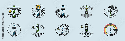 Collection of Lighthouse Vector Illustration Logo Design. Wave and lighthouse icon in set. Ocean, Wave, Night and Lighthouse Logo Concept Inspiration. Modern and Minimalist Nautical Creative Logo