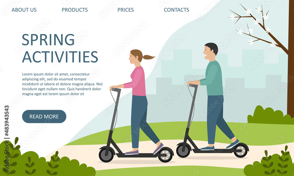 Landing page template. Man and woman riding scooters in the park. The concept of an active lifestyle, outdoor activities.
