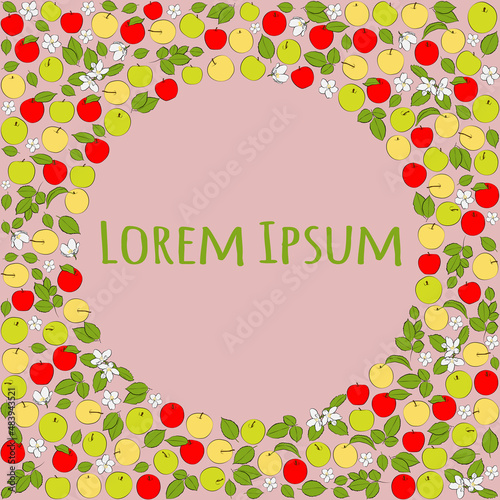 A set of the colored apples are behind the circle, in the circle the inscription. Vector graphics