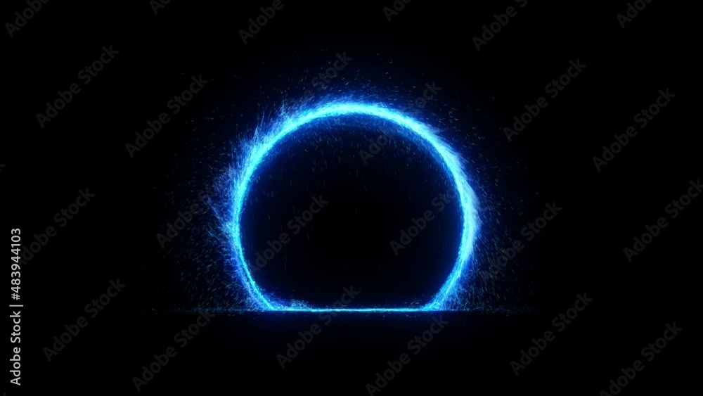 Fantastic magic portal on black background. Detailed UHD animation with intro and outro. Blue fire ring with sparkles bouncing off the ground. Teleportation process.