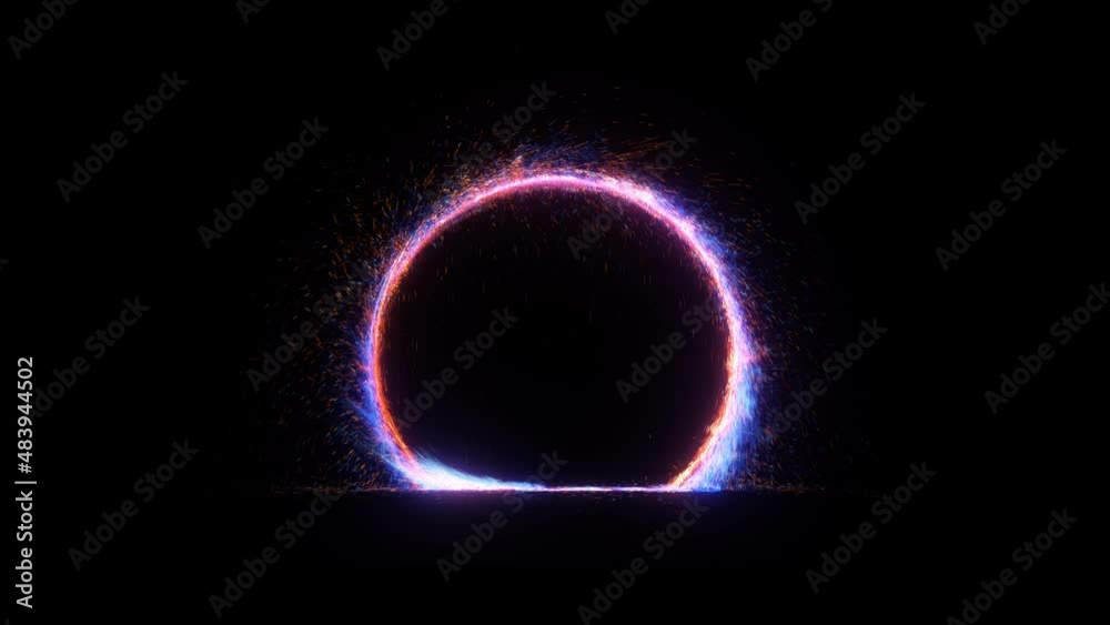 Fantastic magic portal on black background. UHD seamless looped animation. Orange an blue fire ring with sparkles bouncing off the ground.