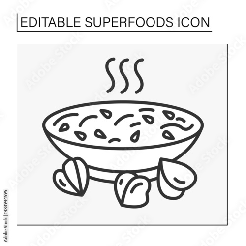  Food line icon. Tasty buckwheat on a plate. Organic balanced nutrition. Vegetarian food.Superfood concept. Isolated vector illustration. Editable stroke