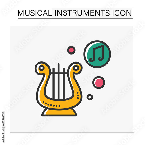  Lyre color icon. Ancient classical greek string musical instrument. Classical, ethnic and modern music. Music from different countries. Symbol of poetry. Isolated vector illustration