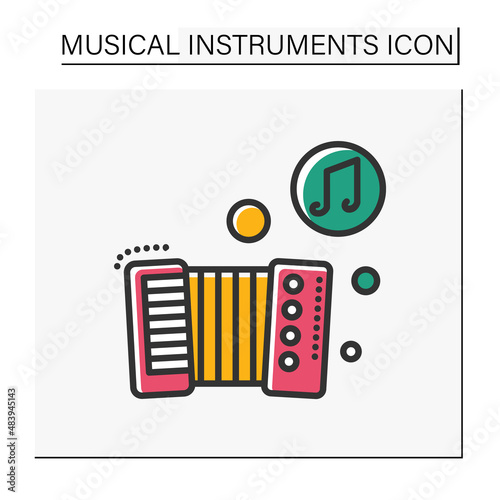  Accordion color icon. Squeezebox. Box-shaped, bellows-driven folk musical instrument. Classical, ethnic and modern music. Music from different countries. Isolated vector illustration