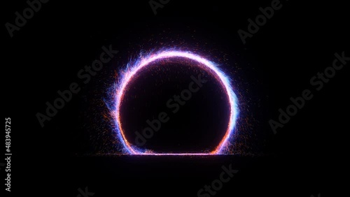 Fantastic magic portal on black background. Detailed UHD animation with intro and outro. Orange and blue fire ring with sparkles bouncing off the ground. Teleportation process.
