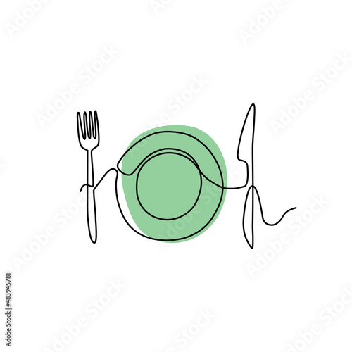 Continuous line art cutlery isolated on white background. Minimalistic vector illustration of plate, knife and fork for logo, card, social media pictogram.